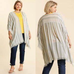 Umgee Sage Striped Open Front Kimono with Side Slits Frayed Hem NWT